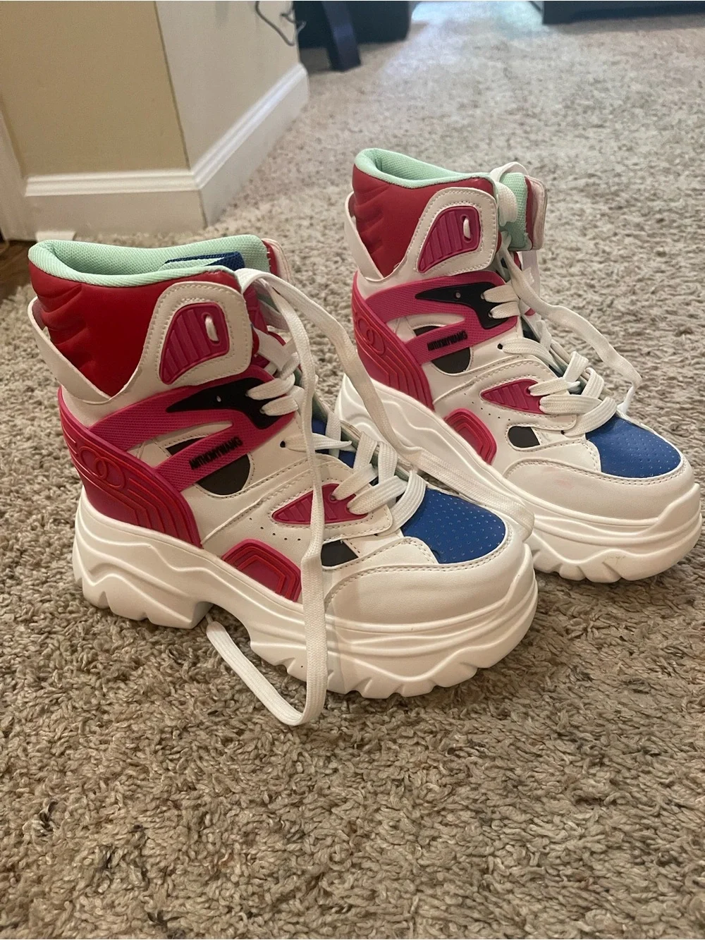 Anthony Wang Chunky Colorblock High-Top Sneakers in White, Blue & Pink. Sz 9.